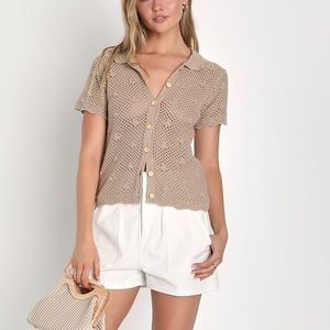 Trendy Choice Brown Crochet Short Sleeve Button-Up Cardigan | Lulus